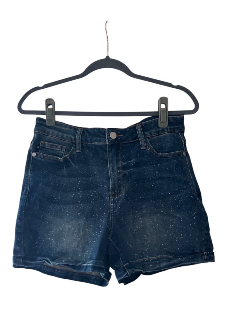Judy Blue Dark Wash Paint Splatter Denim Shorts Women's Large Stretch Mid Rise C